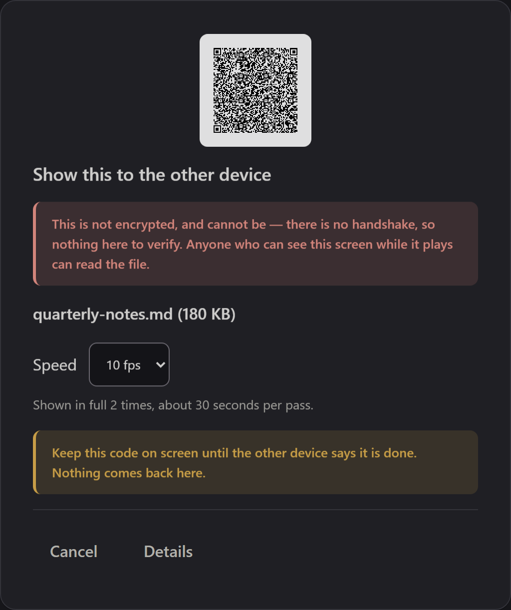 The beam screen: a banner reading &ldquo;This is not encrypted, and cannot be&rdquo;, a dense QR code mid-animation, a speed control, and a note to keep the code on screen.
