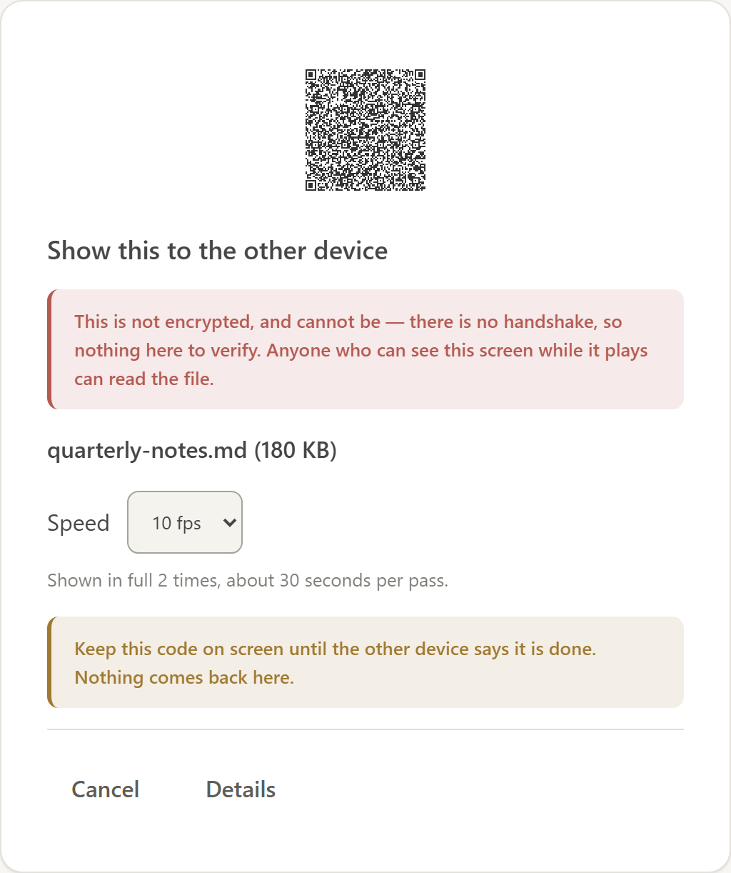 The beam screen: a banner reading &ldquo;This is not encrypted, and cannot be&rdquo;, a dense QR code mid-animation, a speed control, and a note to keep the code on screen.